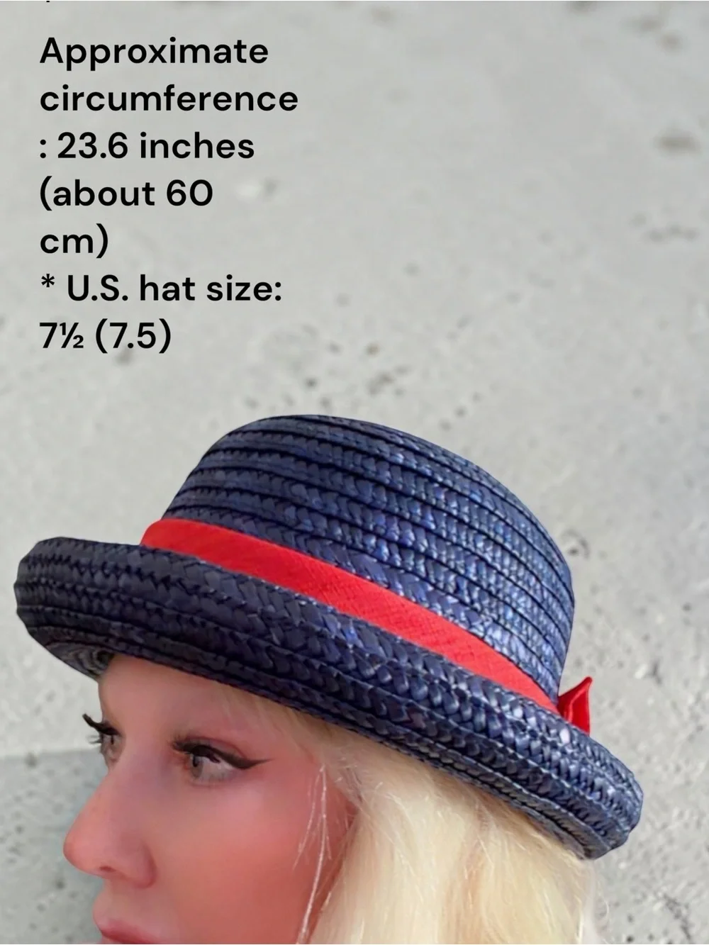 Vintage Navy Blue Straw Boater Hat Red Ribbon Band Retro Old Money Style Fedora